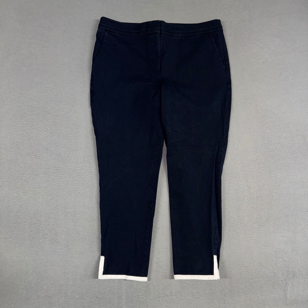 Talbots Pants Womens 14 Navy Blue Ankle Slim Leg White Contrast Trim Hems Dress